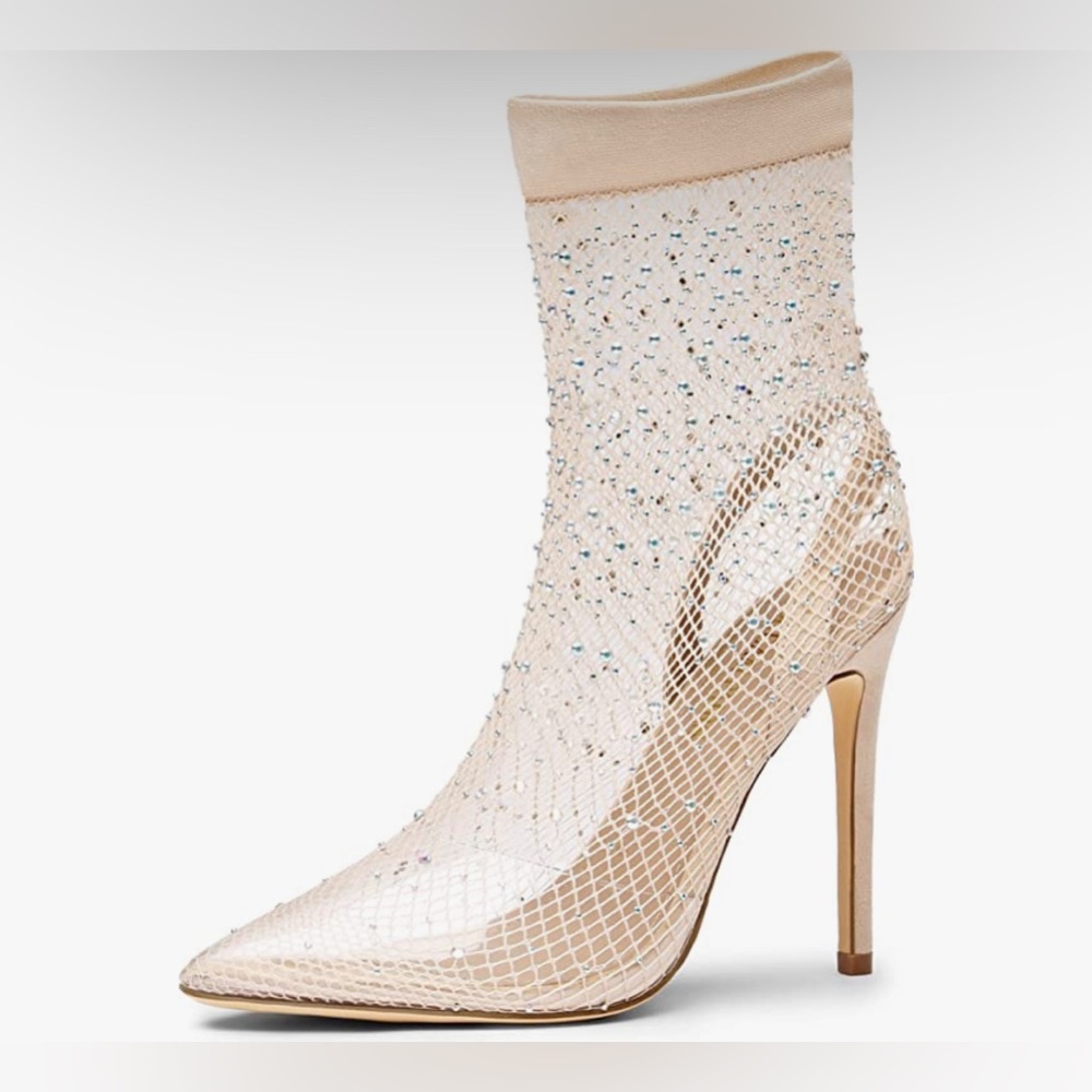 NWT Women’s High Heels Closed Toe Clear Rhinestone Stiletto Mesh Pointed Toe